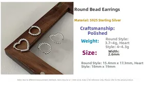 Detailed specs for S925 sterling silver hoop earrings with round and heart designs