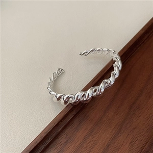 Bracelet Jonc Ouvert en Argent Sterling S925 Corde Torsadée pour Femme Style Français Minimaliste Poli Réglable