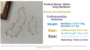 Detailed size specifications for S925 sterling silver water drop necklace and bracelet set