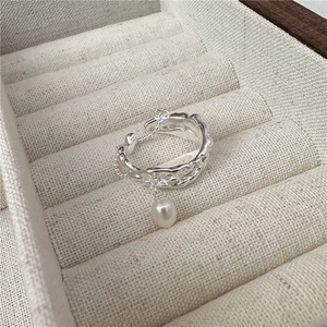 Vintage S925 Sterling Silver Ring With Artificial Pearl Pendant Irregular Lava Texture Adjustable Finger Ring For Women Jewelry