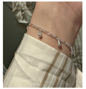 Detail of S925 sterling silver bracelet with water drop charms worn on a wrist