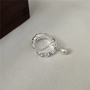 S925 silver ring with lava texture and hanging pearl pendant in elegant minimalist style