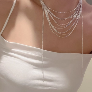 Elegant multi-layer S925 sterling silver tassel necklace for women on neck