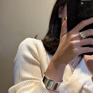 Brazalete ancho y anillo grueso de plata de ley S925 minimalista para mujer