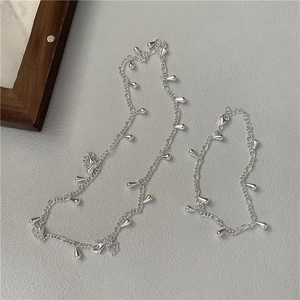 S925 Sterling Silver Teardrop Tassel Necklace and Bracelet Set Minimalist Korean Style Water Drop Pendant Jewelry For Women