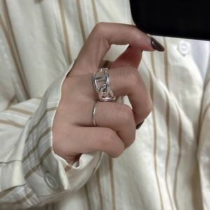 S925 sterling silver anchor link ring set featuring bold chain and minimalist bands