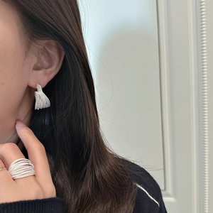 Minimalist S925 sterling silver multi-layer curved thread earrings and ring set for women