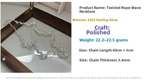Detailed view of S925 sterling silver twisted rope necklace showing material and dimensions