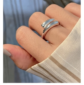 Detailed view of polished S925 sterling silver minimalist double line cross open ring