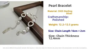 Detailed spec view of S925 sterling silver pearl bracelet with 16cm plus 2cm chain length