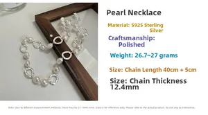 Detail view of S925 sterling silver baroque pearl necklace with sizing and weight specs