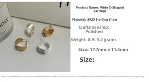 Close-up of wide C-shaped S925 sterling silver earrings in matte gold and silver finishes