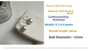 Detail of S925 sterling silver ball earrings with matte finish and 12mm bead diameter