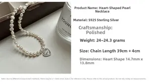 Détails du collier de perles en cœur argent S925 avec dimensions de 39+4cm de long