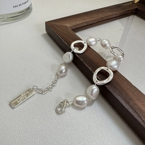 Artificial Baroque Pearl Bracelet 925 Sterling Silver Irregular Geometric Hollow Circle Links Vintage Jewelry For Modern Women
