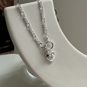 S925 Sterling Silver Heart Pendant Necklace Figaro Chain Star Inlaid Rhinestone Vintage OT Clasp Jewelry Gift For Women