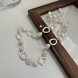 Vintage S925 Sterling Silver Freshwater Pearl Necklace Irregular Circle Geometric Design For Women Minimalist Jewelry Gift