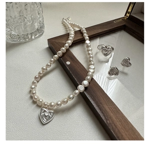 Parure de bijoux en argent S925 avec collier pendentif cœur, bague et boucles d'oreilles