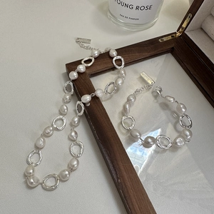 Elegant S925 sterling silver necklace and bracelet set with irregular baroque pearls