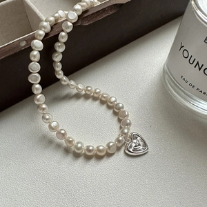 Collier Perles Artificielles avec Pendentif Cœur en Argent Sterling S925 Minimaliste Style Coréen INS Chaîne Femme