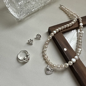 Parure coeur en argent S925 avec collier perles baroques, boucles et bague ajustable