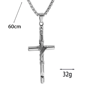 Industrial retro silver cross pendant necklace with 60cm chain and unique wire wrap detail