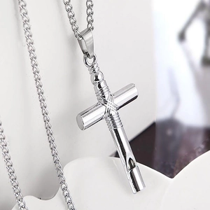 Hip hop silver whistle cross necklace with intricate woven texture and fine metal chain