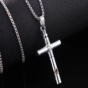 Hip Hop Alloy Cross Whistle Pendant Necklace Silver Color Industrial Style Religious Fashion Jewelry For Men Women