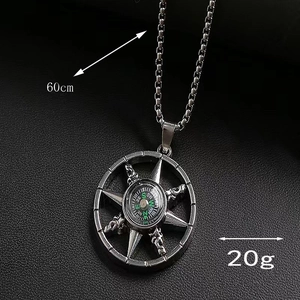 Retro compass pendant necklace with 60cm chain in silver finish for street style