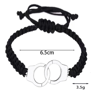 Adjustable woven rope bracelet with interlocking silver handcuffs for couples