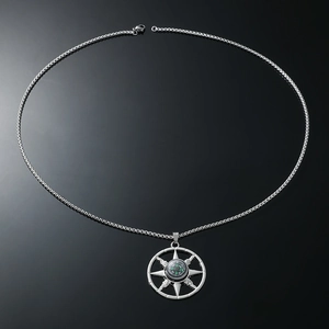 Vintage silver compass pendant necklace with stainless steel chain on black background