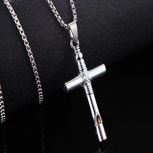 Silver stainless steel cross whistle pendant necklace on a polished O-chain for unisex wear