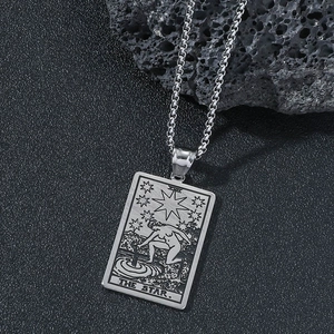 Hip Hop Stainless Steel Tarot Card Pendant Necklace For Men Rectangular Sun Star Pattern Mystic Fashion Jewelry Gift