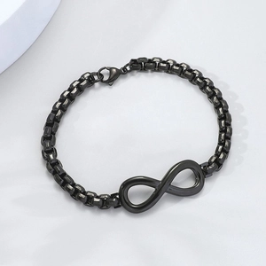 Detail of black infinity symbol bracelet featuring a durable box chain and lobster clasp