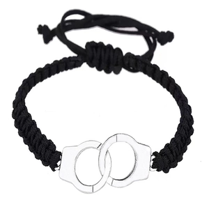 Adjustable black braided rope bracelet featuring interlocking silver handcuffs for couples