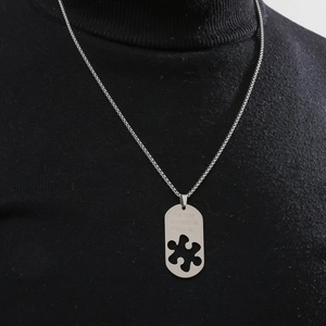 Edelstahl-Halskette mit Puzzle-Ausschnitt und graviertem Dog-Tag für Paare im Hip-Hop-Stil