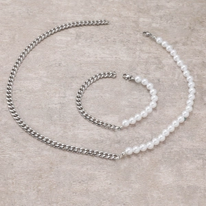 Ensemble Collier et Bracelet Hip Hop en Acier Inoxydable et Künstliche Perles d'Imitation Chaîne Cubaine pour Hommes Femmes Bijoux de Mode