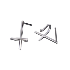 Minimalist silver geometric stud earrings with cross and circle bars in polished steel