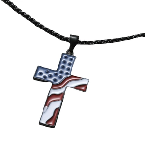 Hip hop cross pendant necklace with USA flag enamel design and black metal chain