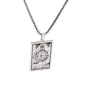 Stainless steel Wheel of Fortune Tarot necklace with rectangular pendant and box chain