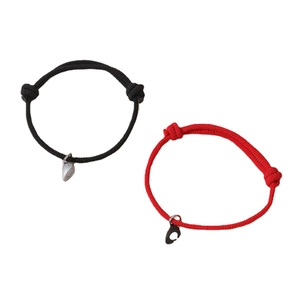 Adjustable magnetic heart coupling bracelets with woven ropes in black and red colors