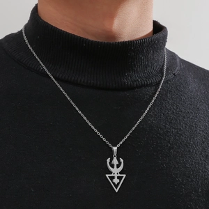 Men's silver stainless steel necklace with geometric devil horn triangle pendant on black sweater