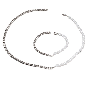 Ensemble bijoux homme avec perles et chaîne cubaine, collier et bracelet argenté