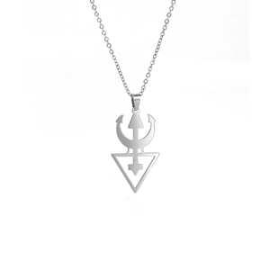 Silver stainless steel necklace with devil horn trident pendant on white background