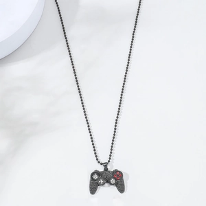Black game controller pendant necklace with sparkling rhinestones on a stylish bead chain