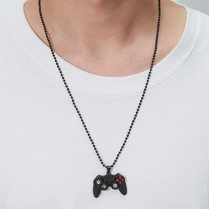 Iced-out game controller pendant necklace with black, white and red crystals on ball chain