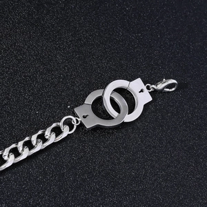 Polished silver titanium steel handcuff bracelet with thick cuban chain and lobster clasp