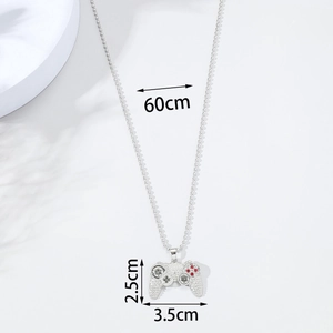 Close-up of silver game controller pendant showing 60cm chain and 3.5x2.5cm dimensions