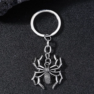 Gothic 3D spider alloy keychain with vintage silver brushed metal texture on black leather