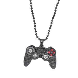 Iced out game controller pendant necklace with black beads for street style fashion